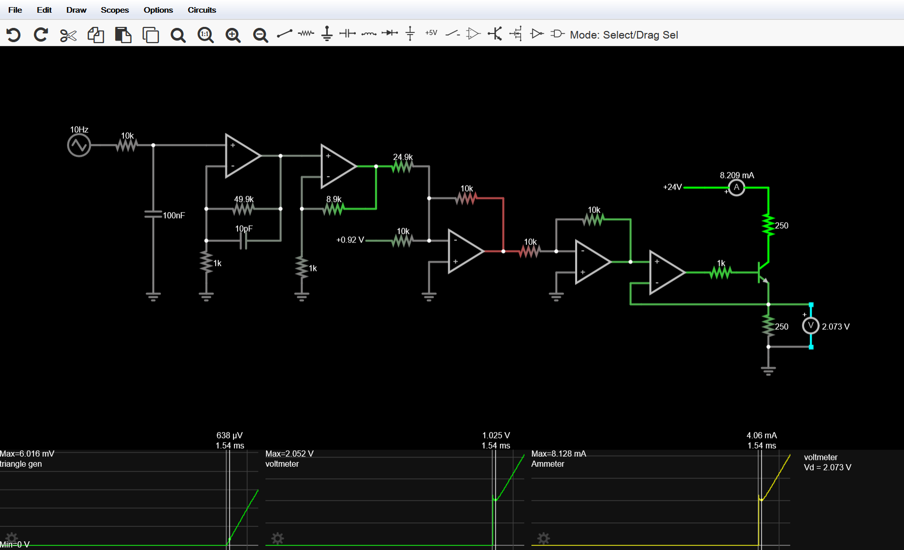 Valores mínimos de la simulación del transmisor