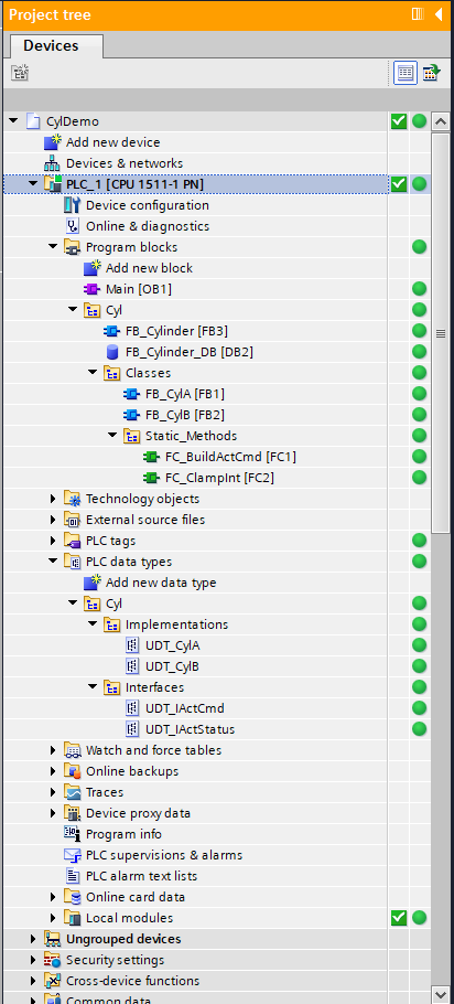 Árbol del proyecto en TIA Portal para la demo
